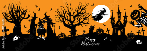 Halloween vector silhouette banner with witches, cauldron, haunted castle and jack o lantern ghost. Creepy landscape with traditional halloween elements, good for web banner, invite, flyer, invitation