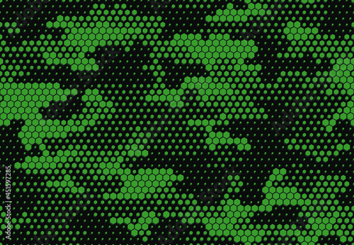 Seamless camouflage pattern. Repeating digital dotted hexagonal camo military texture background. Abstract modern fabric textile ornament. Vector illustration.