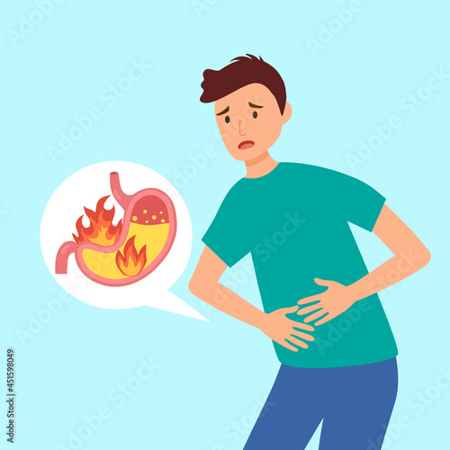 Man feel pain in stomach vector illustration. Stomach acid reflux disease and digestive system problem. Heartburn concept.