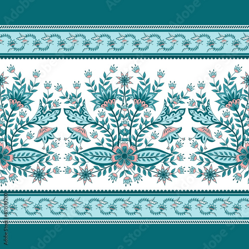 Flower chintz indian pattern seamless vector border print. Botanical batik paisley background.