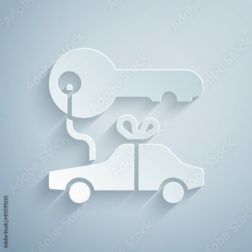 Paper cut Car gift icon isolated on grey background. Car key prize. Paper art style. Vector