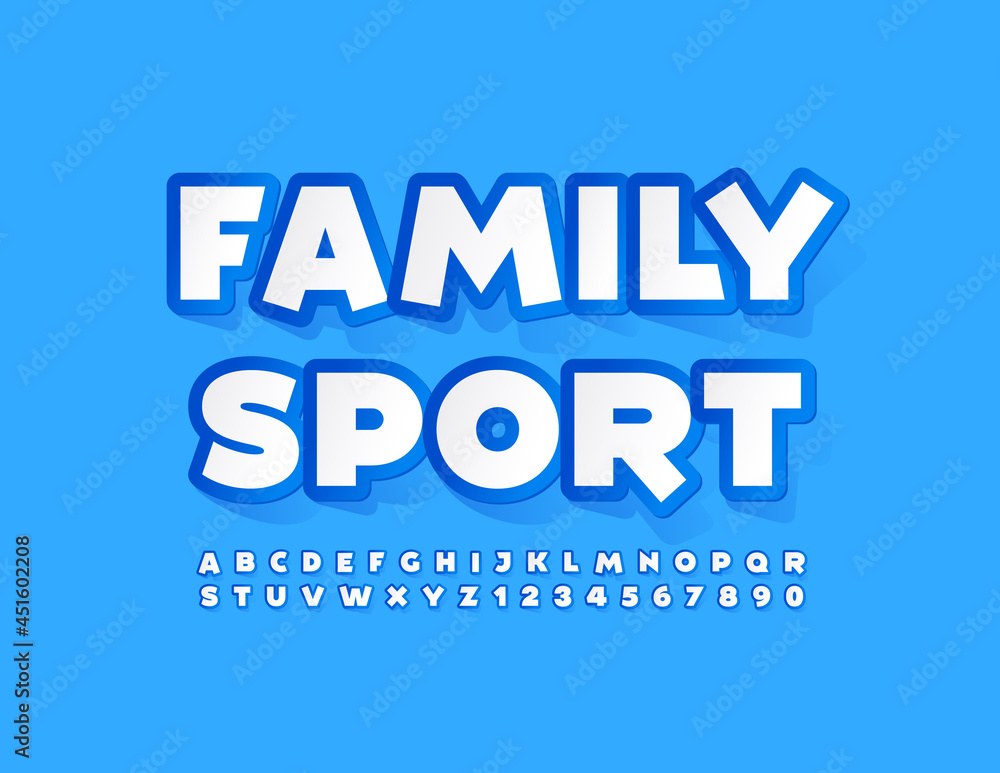 Vector concept template Family Sport. Creative sticker Font. Modern Alphabet Letters and Numbers set