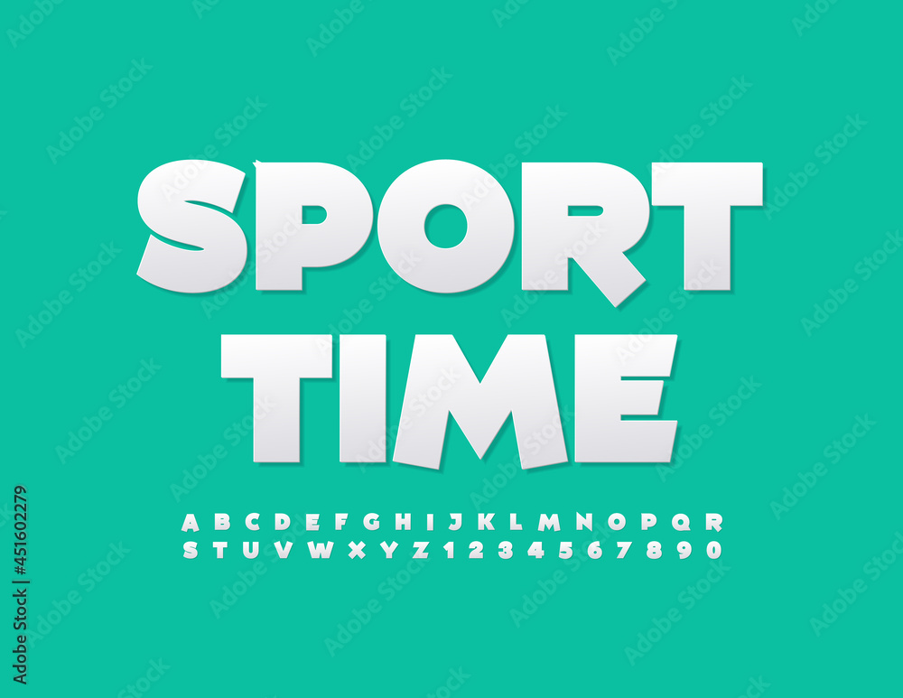 Obraz premium Vector stylish Emblem Sport Time. Modern White Font. Sticker style Alphabet Letters and Numbers set. 