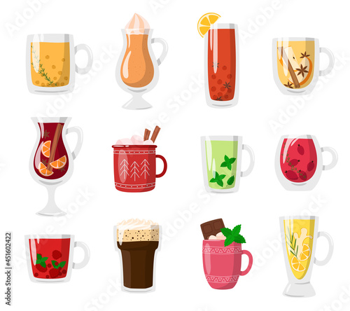 Vector collection of hot drinks for cold weather. Hot chocolate, coffee, cocoa with whipped cream and marshmallow, mulled wine, herbal and berries tea. Autumn and winter holidays