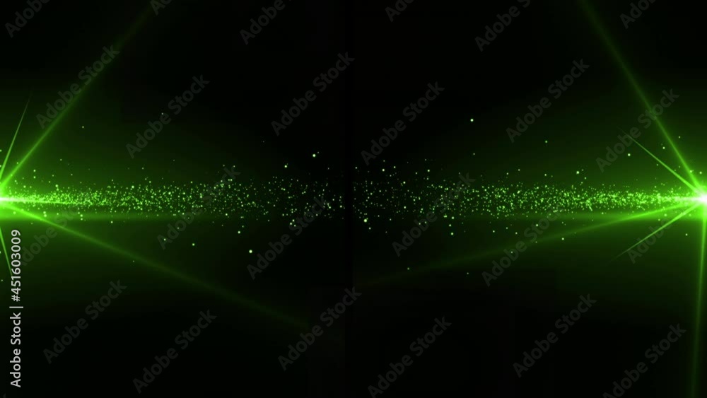 Animation of glowing green particles of light moving to centre from left and right, on black