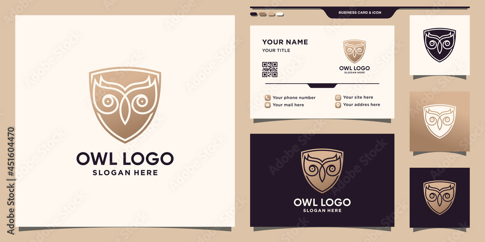 Owl and shield logo template with negative space concept and business card design Premium Vector