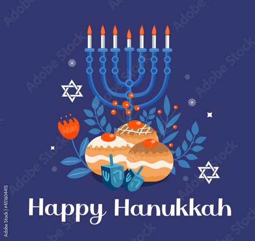 Happy Hanukkah template for your design. Greeting Card with Menorah, Sufganiyot, Dreidel. Vector illustration