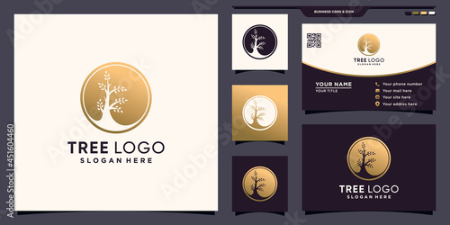 Creative tree circle logo with unique negative space concept and business card design Premium Vector