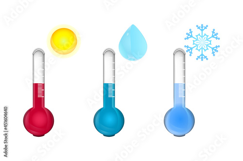 Hot, chill and cold thermometers isolated on white background. Low and high temperature sign. Thermometer measuring heat and cold with sun, water drop and snowflake. Blue and red thermometers. Vector