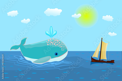 Blue whale and sailboat in the ocean. Seascape with boat and whale. Fish and ship in blue sea. Meeting at sea of whale and vessel. Marine motifs. World whales day.Save whales.Stock vector illustration