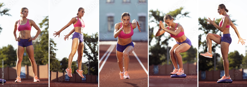 Composite image of photos of young woman, professional athlete training at running track, outdoors. Sport, training, athlete, workout, improvement, ad concept