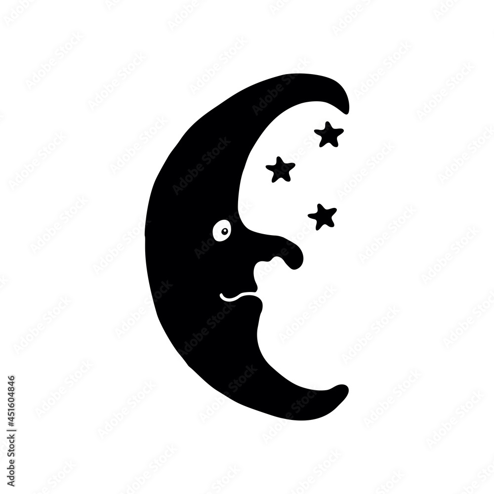 Hand drawn crescent moon with face and stars on white background. Halloween design element. Hand drawn crescent moon with face and stars on white background. Halloween design element.
