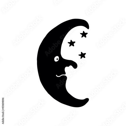 Hand drawn crescent moon with face and stars on white background. Halloween design element.