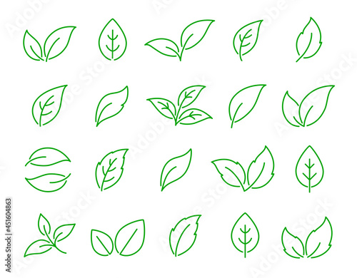 green set icons hand drawn leaves and branches