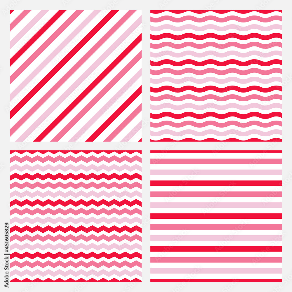Set of 4 seamless patterns with pink and red stripes. Set of 4 seamless patterns with pink and red stripes.