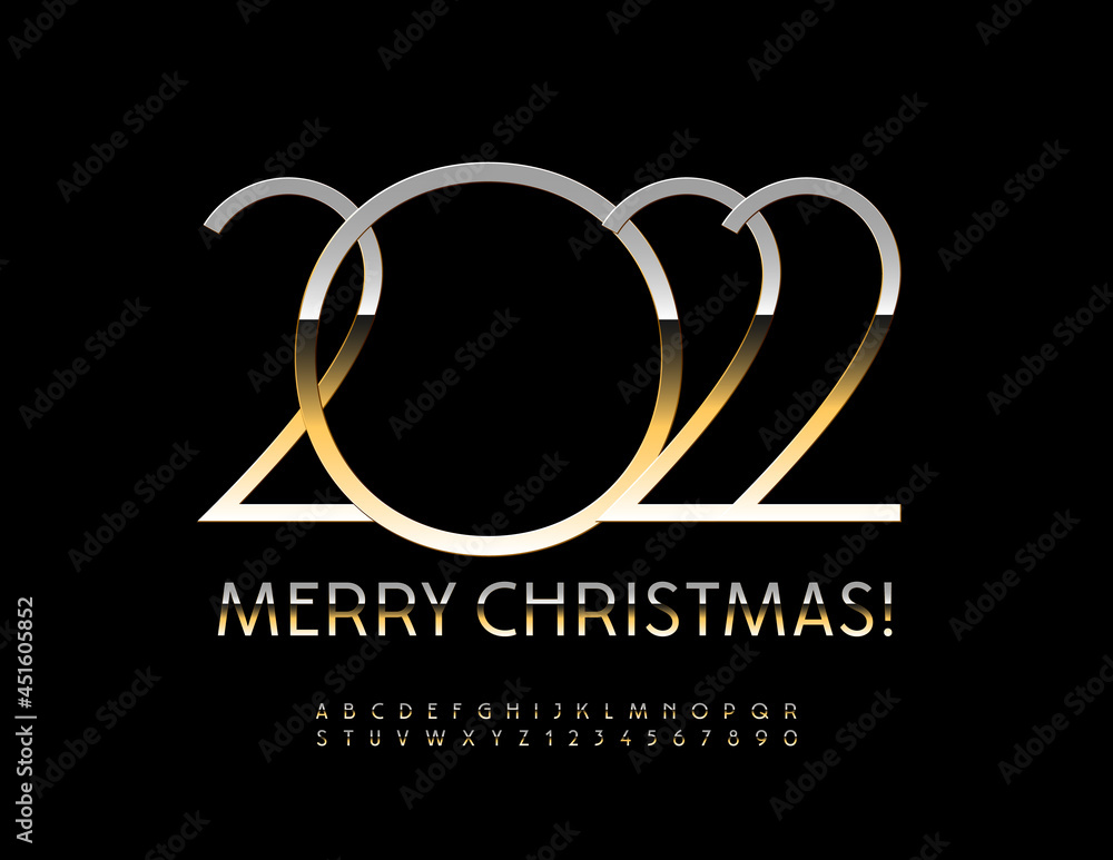 Vector Stylish Greeting Card Merry Christmas 2022! Slim Golden Font. Modern chic Alphabet Letters and Numbers set Vector Stylish Greeting Card Merry Christmas 2022! Slim Golden Font. Modern chic Alphabet Letters and Numbers set