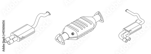 Vector isometric illustration of car exhaust pipe and catalytic converter