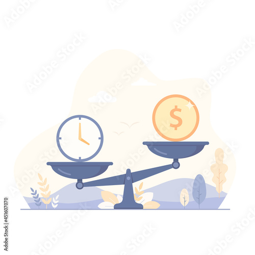 Clock and money on the scales vector flat illustration. Planning and Time is money concept