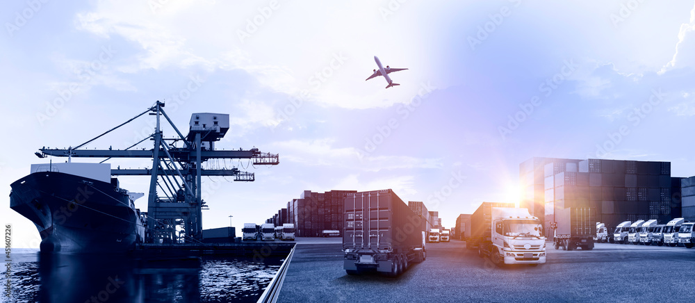 Container truck in ship port for business Logistics and transportation of Container Cargo ship and Cargo plane with working crane bridge in shipyard, Business logistic import export concept