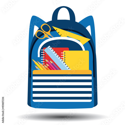 School bag filled with school supplies. Vector isolated icon.