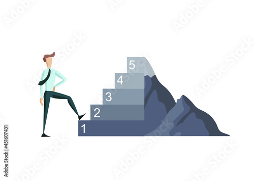 Vector Steps to the Goal Illustration, Success Concept, Businessman and Mountain Transformed Into Steps, Achieving Concept.