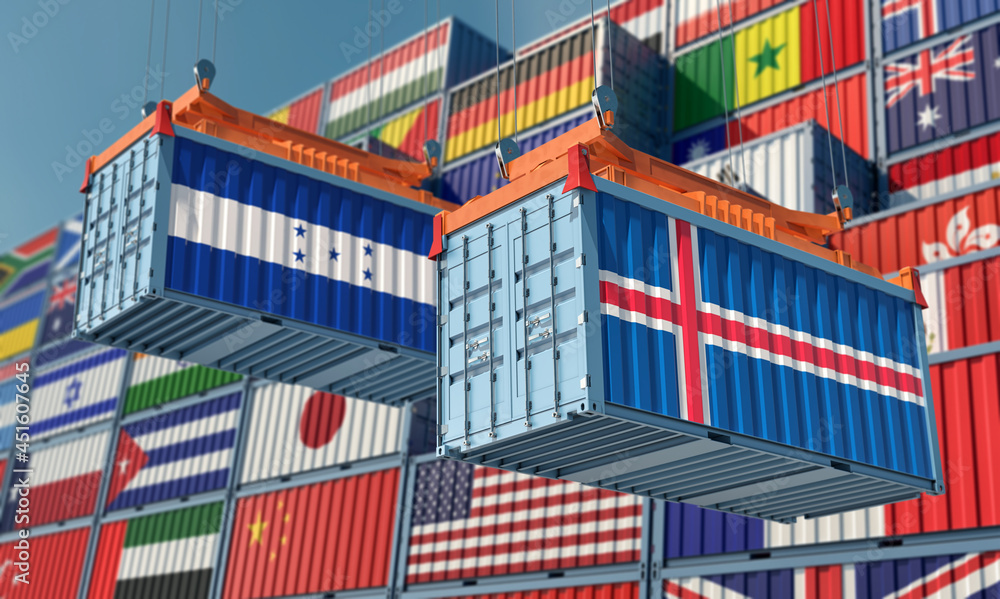 Freigth Containers with Iceland and Honduras national flags. 3D Rendering