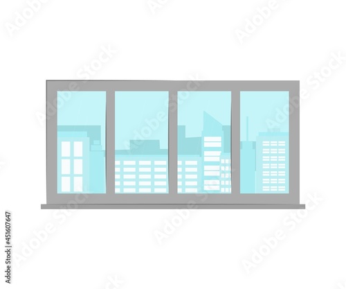 Window isolated on a white background. View of the houses of the city through the glass. Frame, glass and window sill. The object can be used for the design of an apartment, office, premises. 