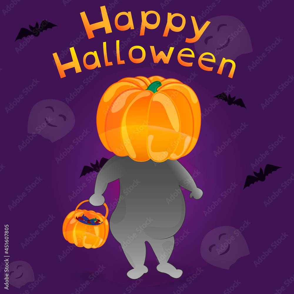 Happy Halloween banner with cute pumpkin, ghost and bat. invitation card to celebrate party in halloween night. background