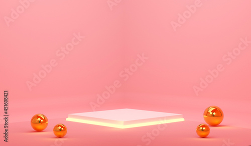 The pedestal on background with stand concept Backdrop standing empty shelves 3D illustration.