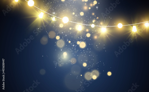 Christmas bright, beautiful lights, design elements. Glowing lights for design of Xmas greeting cards. Garlands, light Christmas decorations.	
