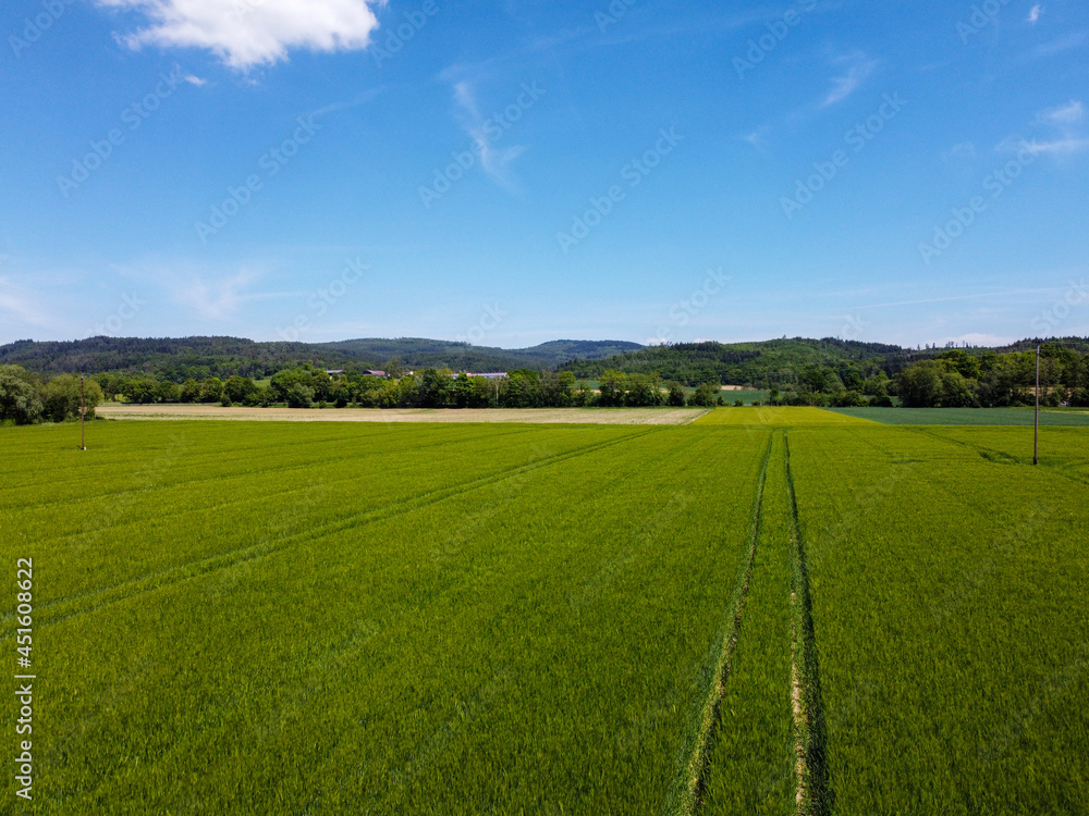 Obraz premium Aerial view of an agricultural field with grain planted in spring in Bavaria