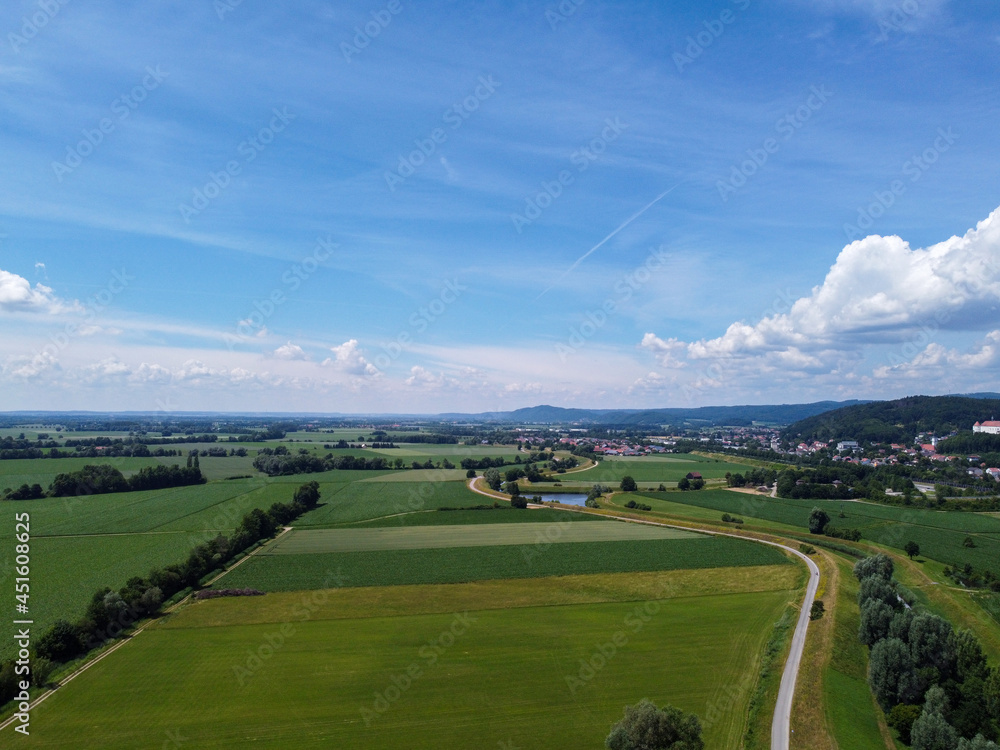 Aerial view of an agricultural field with grain planted in spring in Bavaria