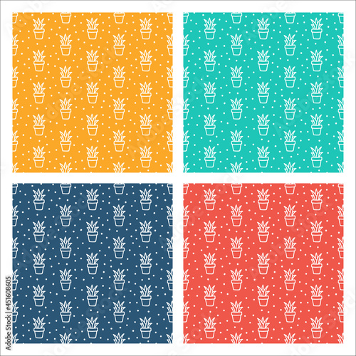Set of 4 colorful seamless patterns with hand-drawn succulents
