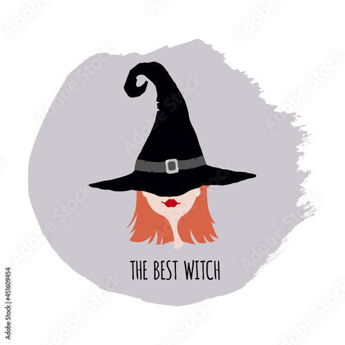 Halloween greeting card with witch in hat. Best witch text. Design elements for Halloween event.