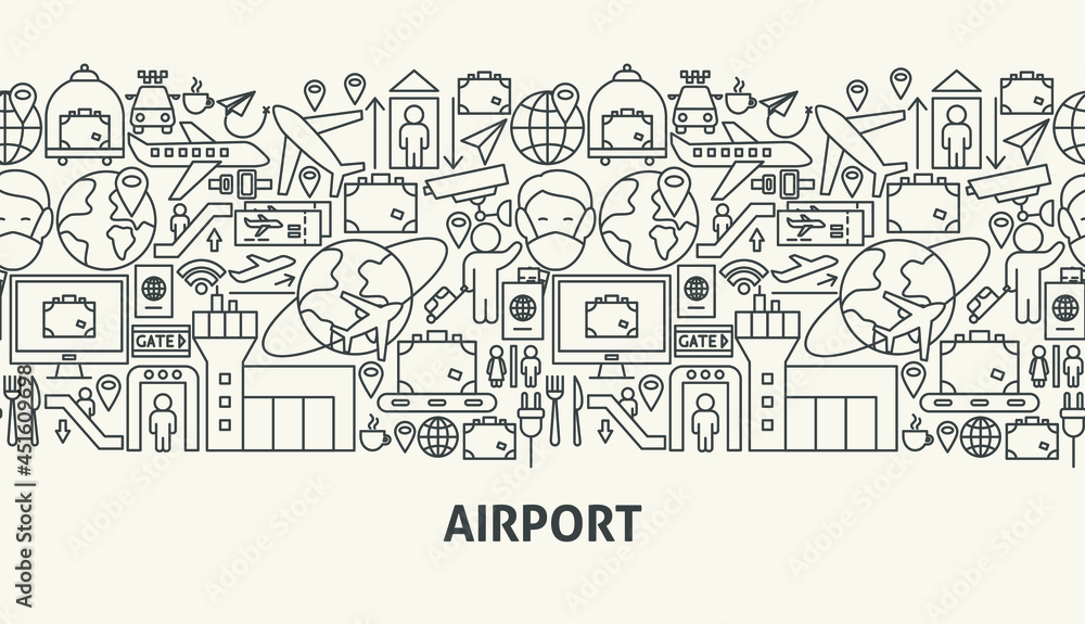 Airport Banner Concept. Vector Illustration of Outline Design.