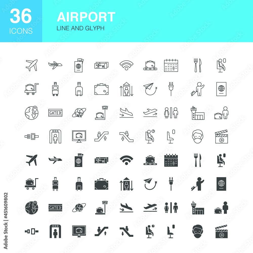 Fototapeta Airport Line Web Glyph Icons. Vector Illustration of Flight Outline and Solid Symbols.
