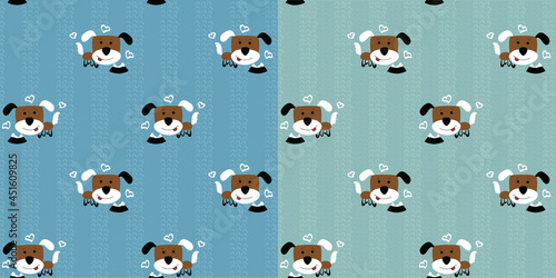 Funny brown puppies with multi-colored ears. Cute dogs and a plate with bones on a turquoise background. Endless pattern. Vector illustration of tiles for textiles