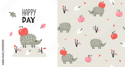 Childish cute print and pattern set with little hedgehog, animal seamless background. Perfect for fabric, textile, and print. Hand drawn vector Illustration