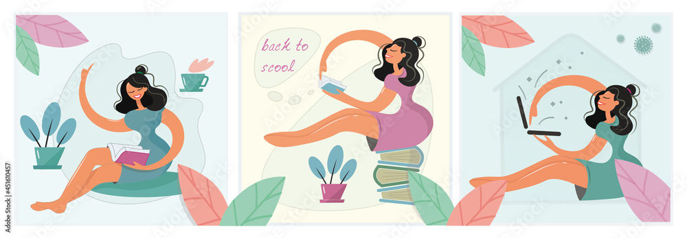 Set with a freelance girl. Happy and active brunette works and studies at home. Reads books, works at the computer. Back to school vector illustration to the beginning of study, to the day of the book