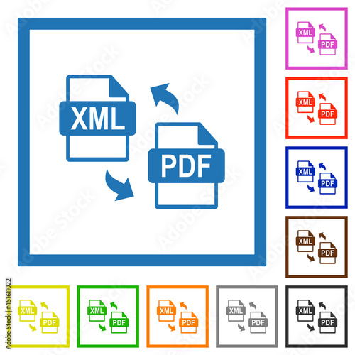 XML PDF file conversion flat framed icons