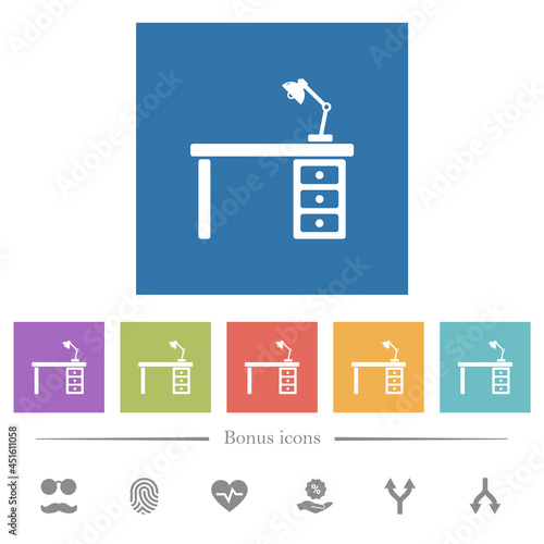 Desk with lamp flat white icons in square backgrounds photo