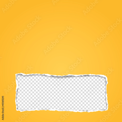 Yellow oblong hole composition in paper with torn edges and soft shadow is on white squared background. Vector illustration