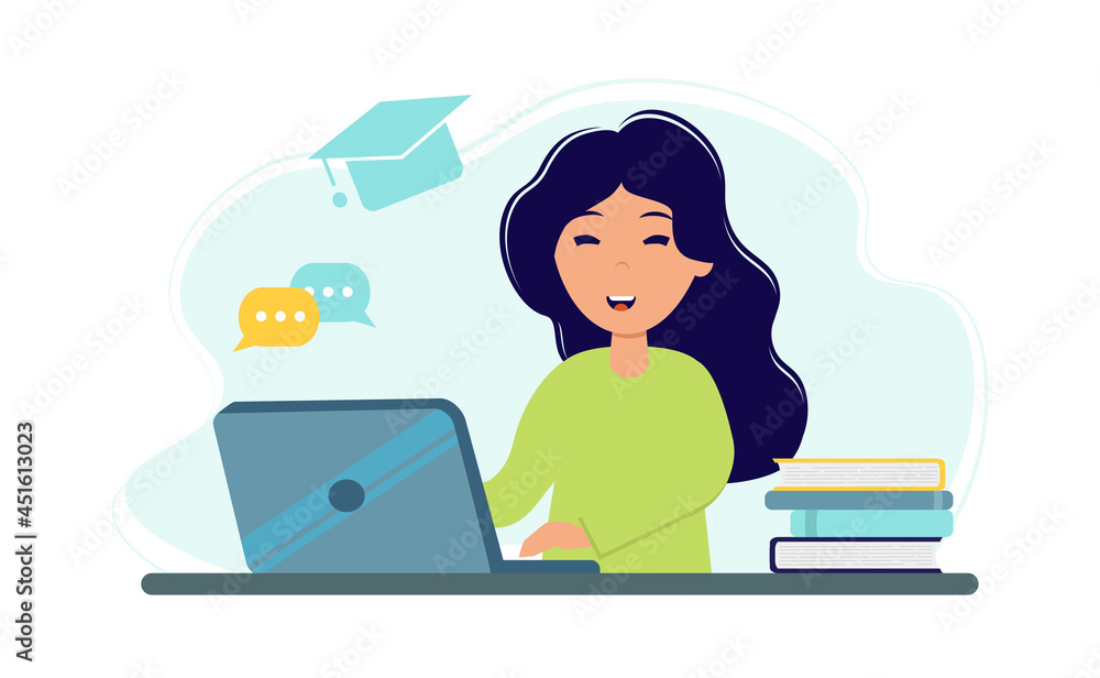 Young woman studying with laptop and books. Online education concept. Stay at home. Self-isolation. Vector illustration in flat style. Young woman studying with laptop and books. Online education concept. Stay at home. Self-isolation. Vector illustration in flat style.