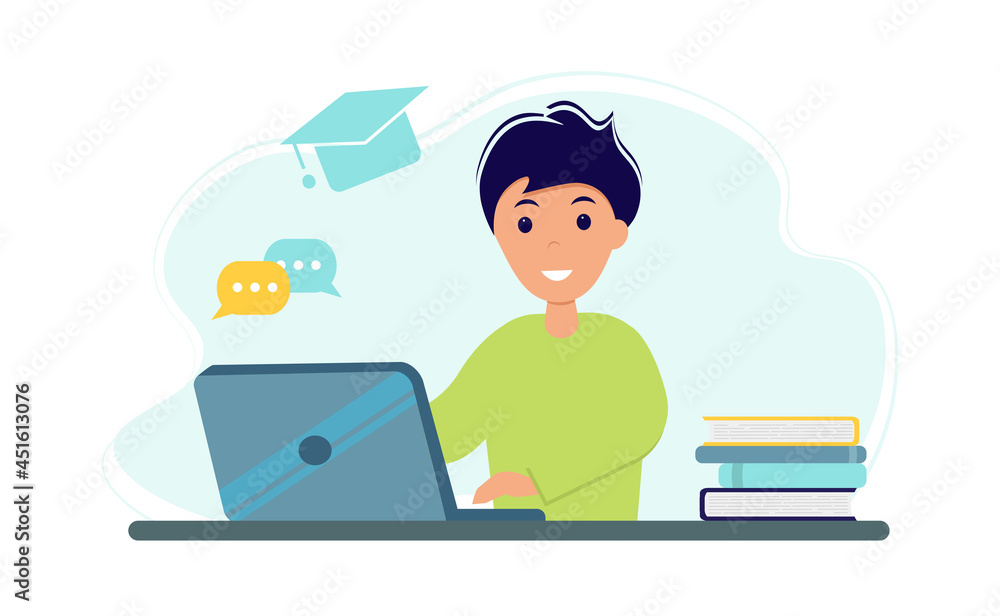 Young man studying with laptop and books. Online education concept. Stay at home. Self-isolation. Vector illustration in flat style. Young man studying with laptop and books. Online education concept. Stay at home. Self-isolation. Vector illustration in flat style.