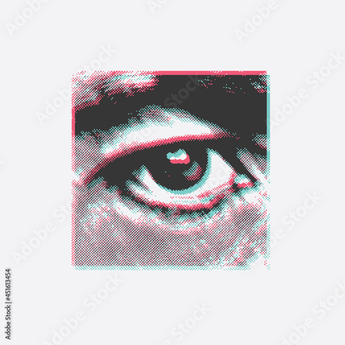A square banner or poster with an abstract human eye and an eyebrow in close-up, made of colored dots on a light background. Blurred vector illustration in retro style.