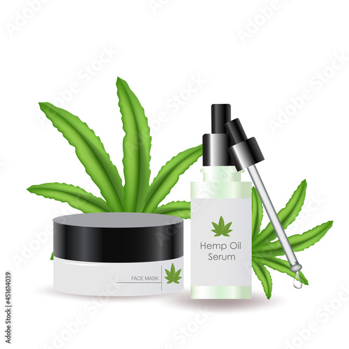Hemp oil cosmetics. Realistic vector. Cannabis leaves. Alternative medicine