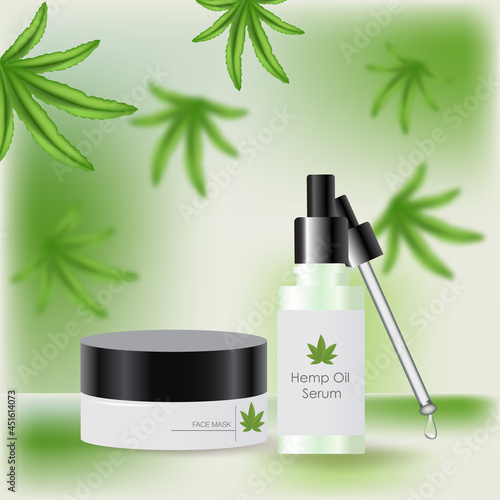 Hemp oil cosmetics. Realistic vector. Cannabis leaves. Alternative medicine