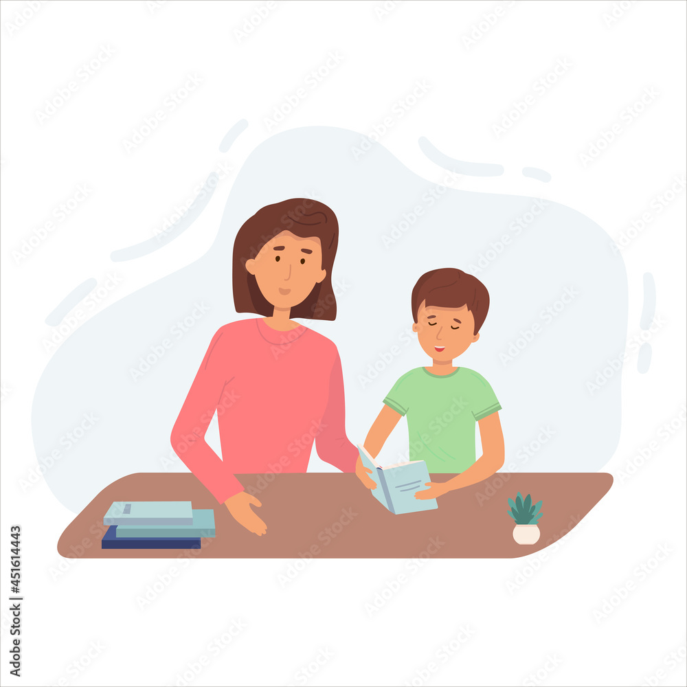 Illustration of a mom praising her son after he finished his homework. Lesson with mom or tutor. flat. vector