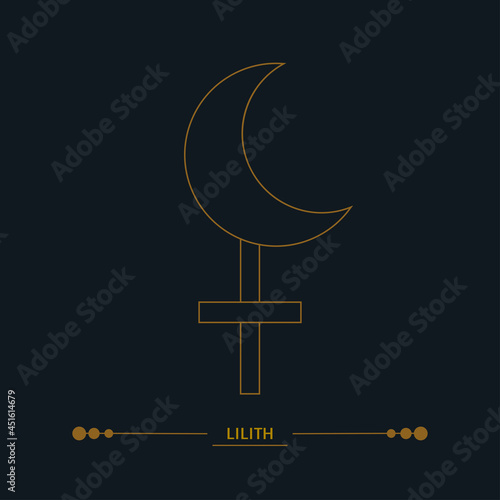 Lilith sign. False moon, demon goddess. Protective amulet for witches. Line art, art deco color. Esoteric, sacred geometry, witchcraft. Vector golden illustration isolated on black background