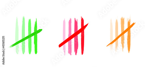 Five black tally counting marks. Cartoon brush stroke lijn pattern. Flat vector. Tally strokes. Lines symbol countings. Green  red  orange lines counting to 5.